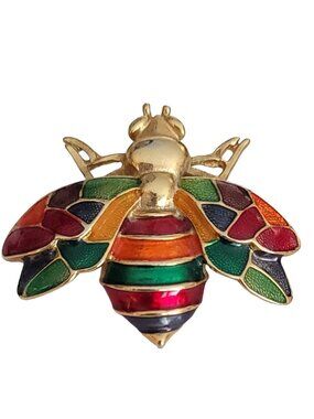 Don-Lin Gold Tone Multi Color Enamel Wasp Fly Insect Brooch Pin, Signed K423